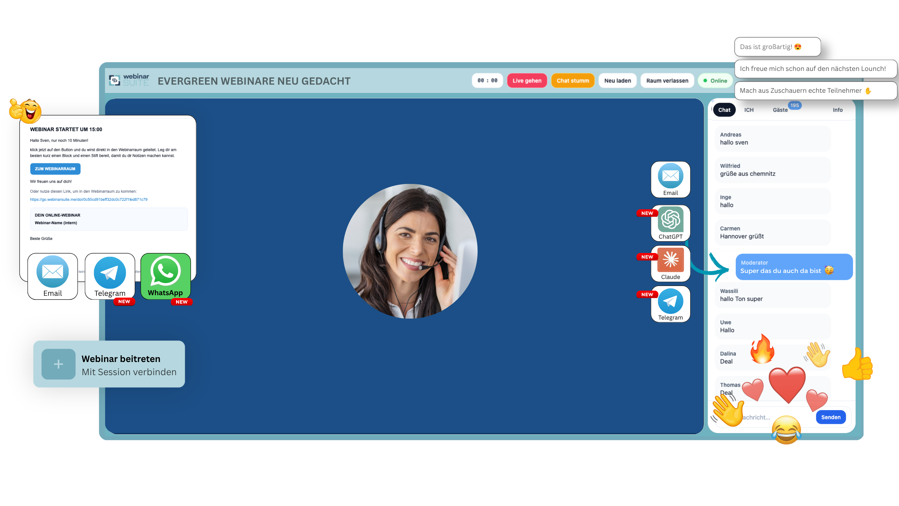 WebinarSuite Webinarraum mit KI-Chat und Messenger-Erinnerungen